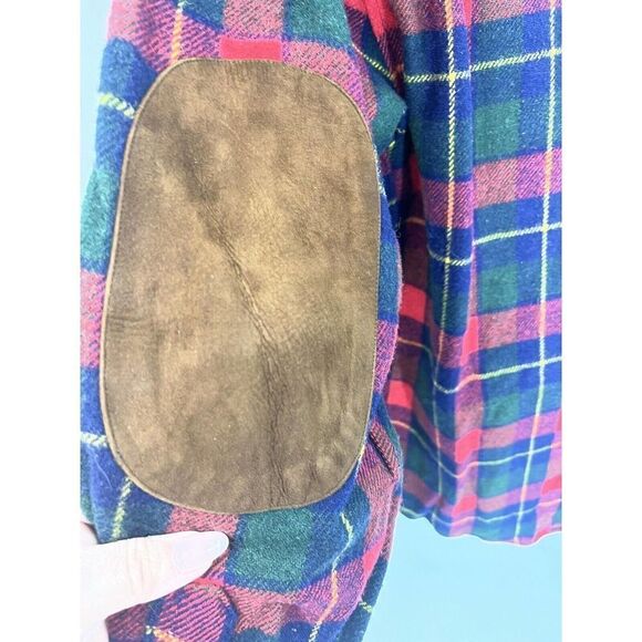 Vintage Chaps Ralph Lauren Mens Large Plaid Wool Shirt Elbow Patches Leather - Picture 9 of 15